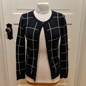 Cardigan Button-Up Sweater Black and White Grid